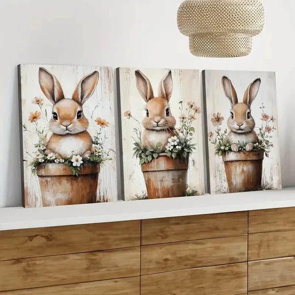 3pcs Cute Little Rabbit Flower Pot Elegant Wall Art Set Canvas Framed 50x70cm – High Quality Print 100% Australian Made Wall Canvas Ready to Hang