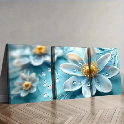 3pcs Featuring Turquoise Glass Flowers Wall Art Set Canvas Framed 50x70cm - High Quality Print 100% Australian Made Wall Canvas Ready to Hang