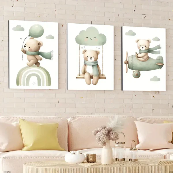 3pcs Modern Wooden Airplane Rainbow Bear Balloon Wall Art Set Canvas Framed 40x60cm – High Quality Print 100% Australian Made Wall Canvas Ready to Hang