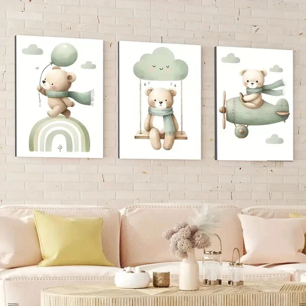 3pcs Modern Wooden Airplane Rainbow Bear Balloon Wall Art Set Canvas Framed 50x70cm – High Quality Print 100% Australian Made Wall Canvas Ready to Hang