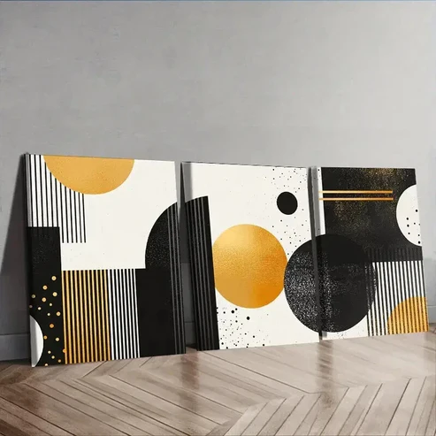 3pcs Featuring Flowing White And Golden Designs Wall Art Set Canvas Framed 50x70cm – High Quality Print 100% Australian Made Wall Canvas Ready to Hang