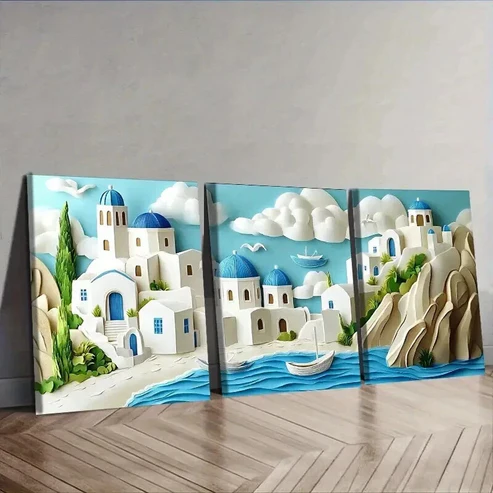 3pcs The Cyclades Islands of Greece,Wall Art Set Canvas Framed 50x70cm – High Quality Print 100% Australian Made Wall Canvas Ready to Hang