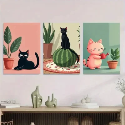 3pcs Charming Cat Cute Black And Pink Kitties Wall Art Set Canvas Framed 50x70cm - High Quality Print 100% Australian Made Wall Canvas Ready to Hang