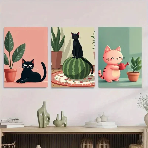 3pcs Charming Cat Cute Black And Pink Kitties Wall Art Set Canvas Framed 50x70cm – High Quality Print 100% Australian Made Wall Canvas Ready to Hang