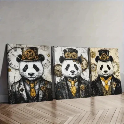 3pcs Cyberpunk panda Wall Art Set Canvas Framed 50x70cm - High Quality Print 100% Australian Made Wall Canvas Ready to Hang