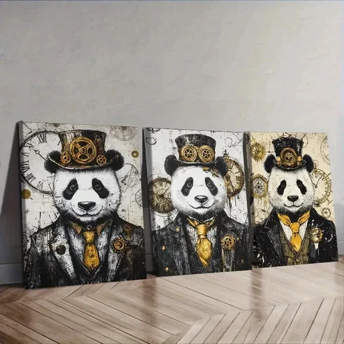 3pcs Cyberpunk panda Wall Art Set Canvas Framed 50x70cm – High Quality Print 100% Australian Made Wall Canvas Ready to Hang