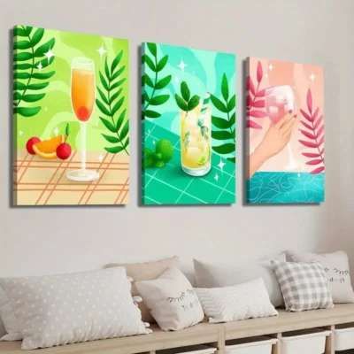3pcs Vibrant Drink & Plant Leaf Designs Wall Art Set Canvas Framed 40x60cm - High Quality Print 100% Australian Made Wall Canvas Ready to Hang
