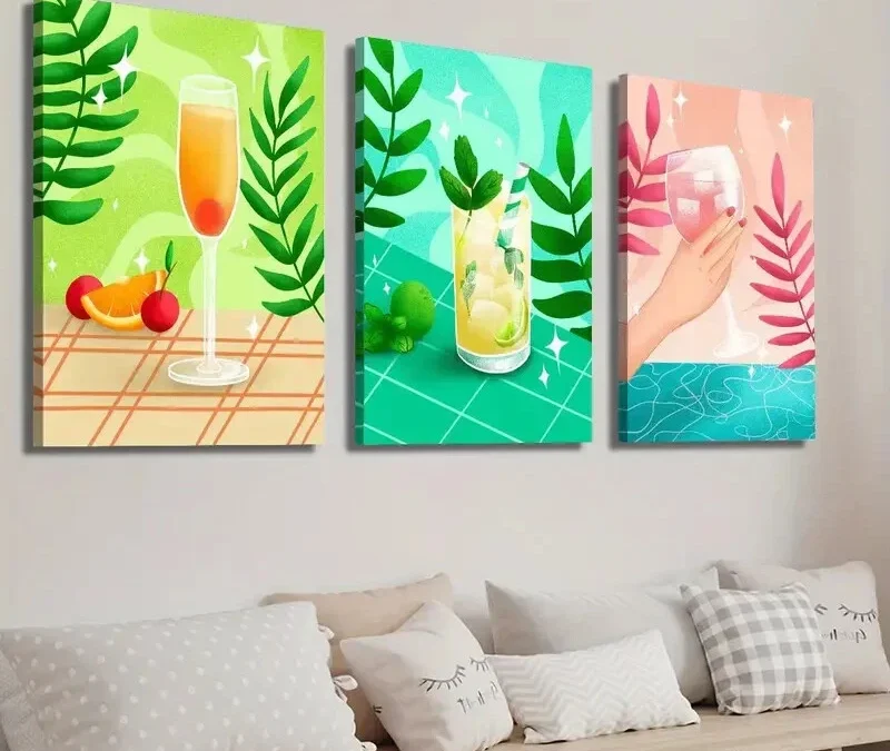 3pcs Vibrant Drink & Plant Leaf Designs Wall Art Set Canvas Framed 40x60cm – High Quality Print 100% Australian Made Wall Canvas Ready to Hang