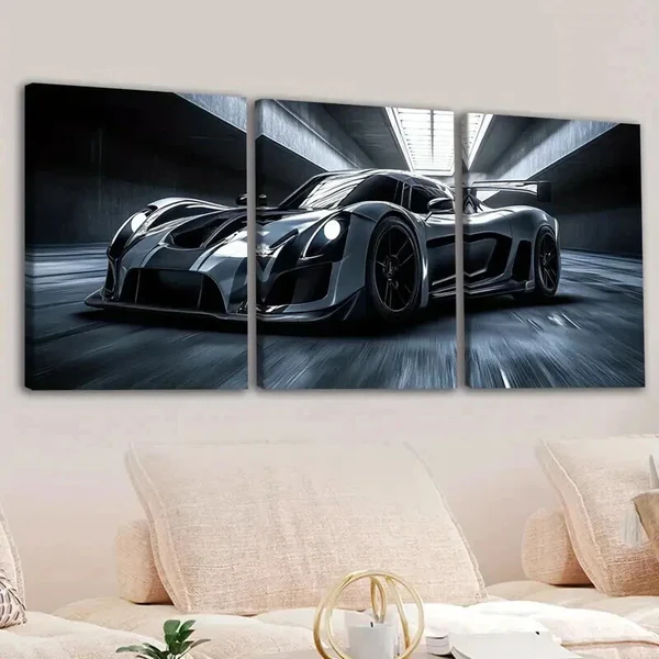 3pcs Classic Black Cool Sports Car White Lights Wall Art Set Canvas Framed 50x70cm – High Quality Print 100% Australian Made Wall Canvas Ready to Hang