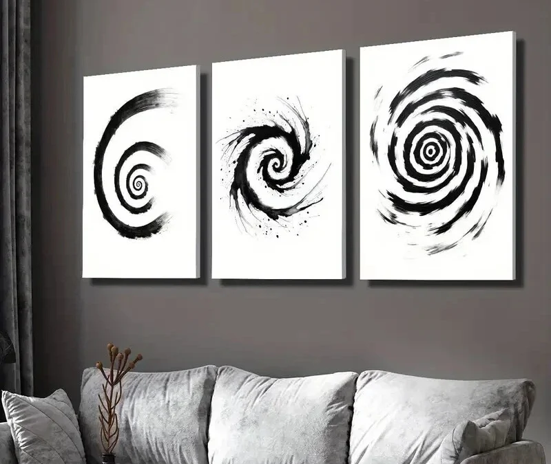 3pcs Black and White Spiral Decoration Wall Art Set Canvas Framed 40x60cm – High Quality Print 100% Australian Made Wall Canvas Ready to Hang