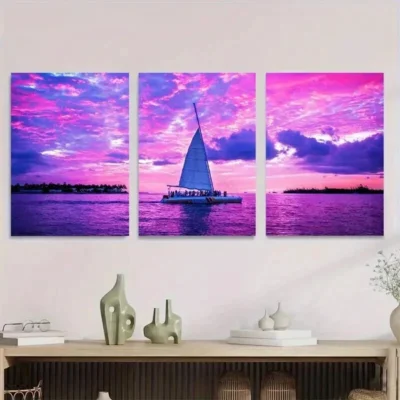 3pcs Sunset Sailboat Bright Pink & Purple Sky Wall Art Set Canvas Framed 50x70cm - High Quality Print 100% Australian Made Wall Canvas Ready to Hang