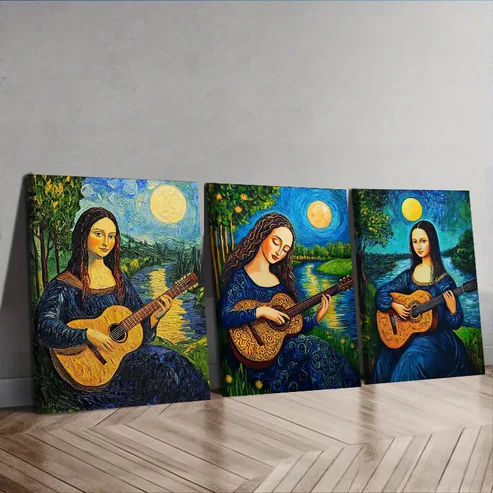 3pcs Mona Lisa plays guitar Wall Art Set Canvas Framed 40x60cm – High Quality Print 100% Australian Made Wall Canvas Ready to Hang