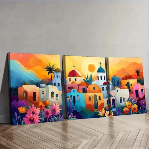 3pcs Greek island style town Wall Art Set Canvas Framed 50x70cm – High Quality Print 100% Australian Made Wall Canvas Ready to Hang