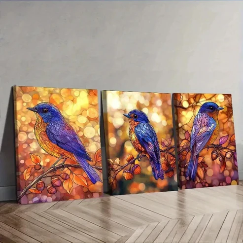 3pcs Stained glass bird Wall Art Set Canvas Framed 50x70cm – High Quality Print 100% Australian Made Wall Canvas Ready to Hang