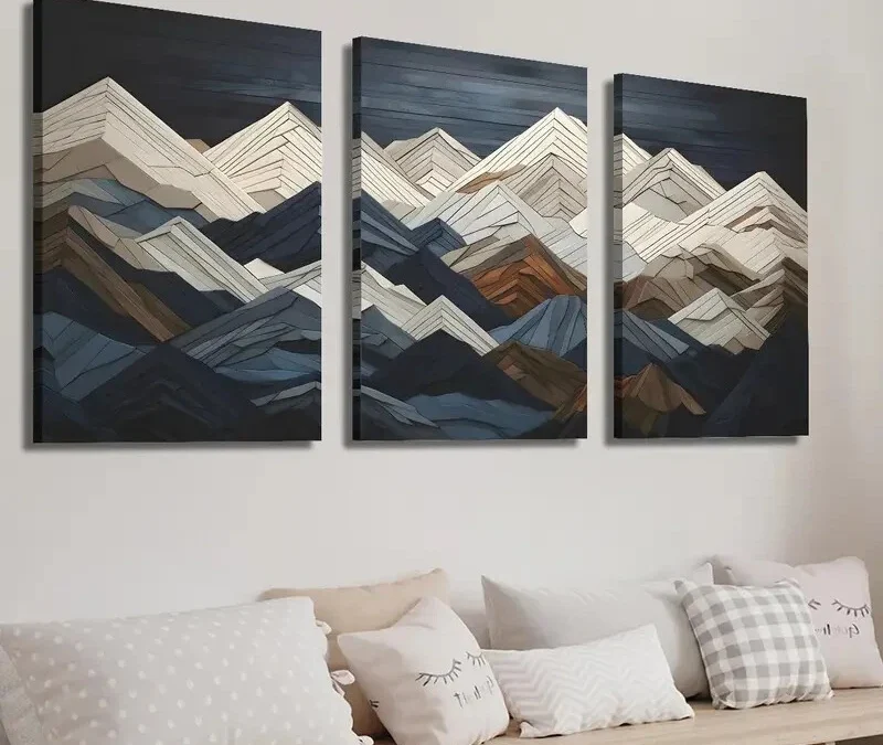 3pcs White Geometric Mountains Landscape Wall Art Set Canvas Framed 40x60cm – High Quality Print 100% Australian Made Wall Canvas Ready to Hang