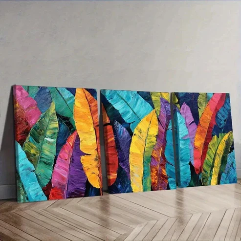 3pcs Coloured banana leaves Wall Art Set Canvas Framed 50x70cm – High Quality Print 100% Australian Made Wall Canvas Ready to Hang