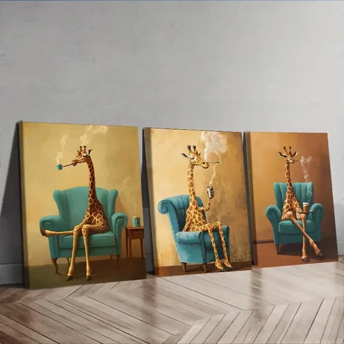 3pcs The giraffe is on the chair Wall Art Set Canvas Framed 50x70cm – High Quality Print 100% Australian Made Wall Canvas Ready to Hang