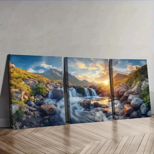 3pcs Scottish Highlands Sunset Landscape Wall Art Set Canvas Framed 50x70cm – High Quality Print 100% Australian Made Wall Canvas Ready to Hang