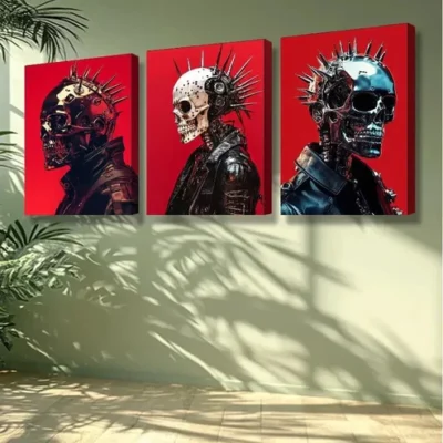 3pcs Skeleton punk In Red Background Wall Art Set Canvas Framed 50x70cm - High Quality Print 100% Australian Made Wall Canvas Ready to Hang