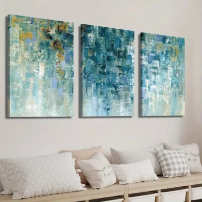 3pcs Abstract Geometric Golden and Cyan Texture Wall Art Set Canvas Framed 40x60cm - High Quality Print 100% Australian Made Wall Canvas Ready to Hang
