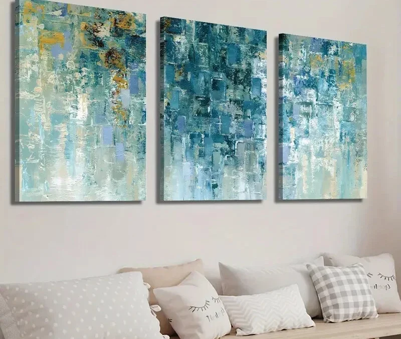 3pcs Abstract Geometric Golden and Cyan Texture Wall Art Set Canvas Framed 40x60cm – High Quality Print 100% Australian Made Wall Canvas Ready to Hang