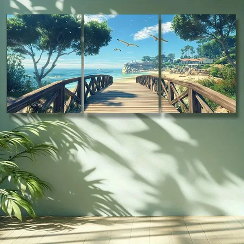 3pcs Beach Scene with Wooden Bridge Palm TreesWall Art Set Canvas Framed 40x60cm – High Quality Print 100% Australian Made Wall Canvas Ready to Hang
