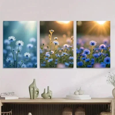 3pcs Blue And White Floral Daisies Snapdragons Wall Art Set Canvas Framed 50x70cm - High Quality Print 100% Australian Made Wall Canvas Ready to Hang