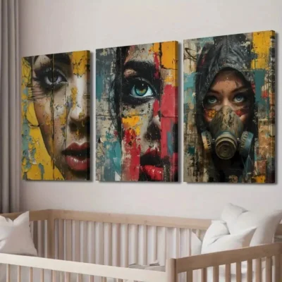 3pcs Abstract Colorful Human Faces Wall Art Set Canvas Framed 40x60cm - High Quality Print 100% Australian Made Wall Canvas Ready to Hang