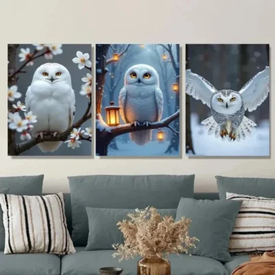 3pcs White Owl Magpies Cherry Blossoms Nature Wall Art Set Canvas Framed 50x70cm - High Quality Print 100% Australian Made Wall Canvas Ready to Hang