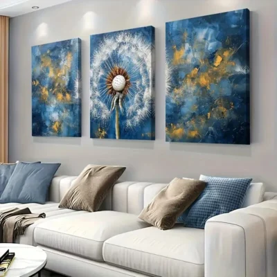 3pcs Abstract Blue And Golden Dandelion Decor Wall Art Set Canvas Framed 40x60cm - High Quality Print 100% Australian Made Wall Canvas Ready to Hang