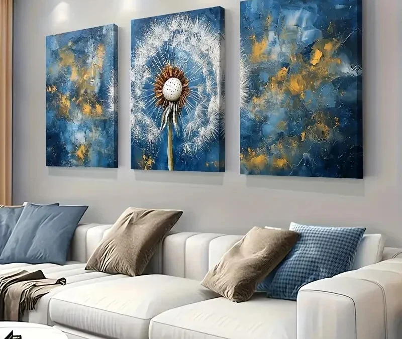 3pcs Abstract Blue And Golden Dandelion Decor Wall Art Set Canvas Framed 40x60cm – High Quality Print 100% Australian Made Wall Canvas Ready to Hang