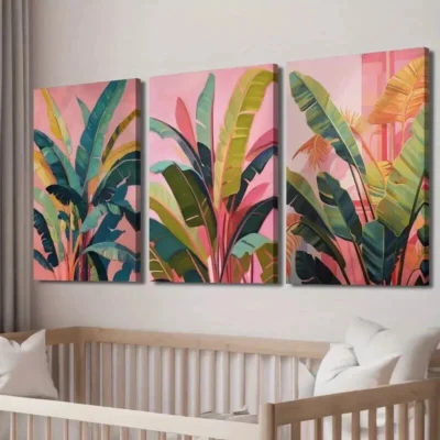 3pcs Tropical Leaves on Pink Background Wall Art Set Canvas Framed 40x60cm - High Quality Print 100% Australian Made Wall Canvas Ready to Hang