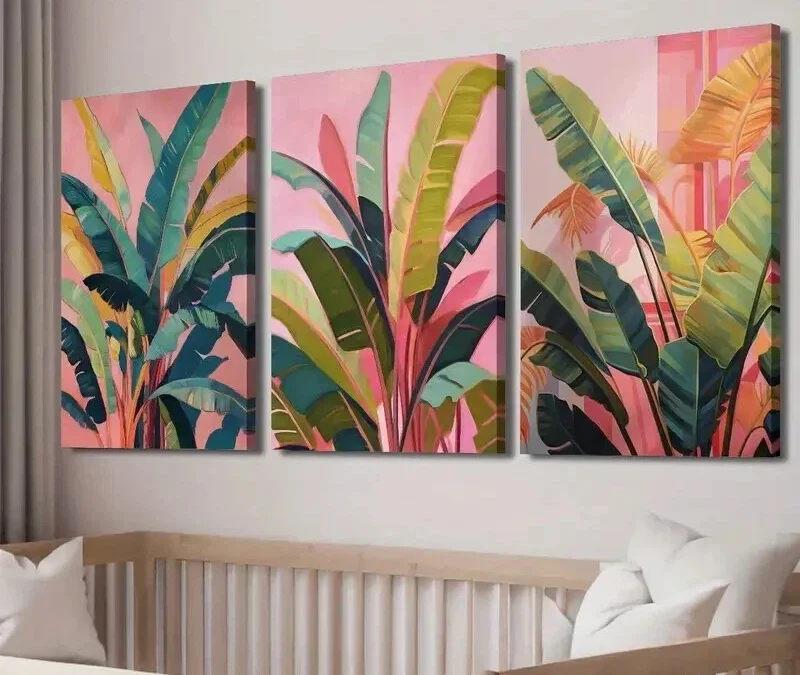 3pcs Tropical Leaves on Pink Background Wall Art Set Canvas Framed 40x60cm – High Quality Print 100% Australian Made Wall Canvas Ready to Hang