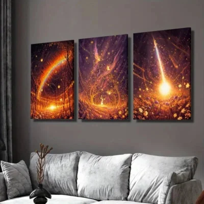 3pcs Fantasy Golden Rainbow Golden Fairy Wall Art Set Canvas Framed 40x60cm - High Quality Print 100% Australian Made Wall Canvas Ready to Hang
