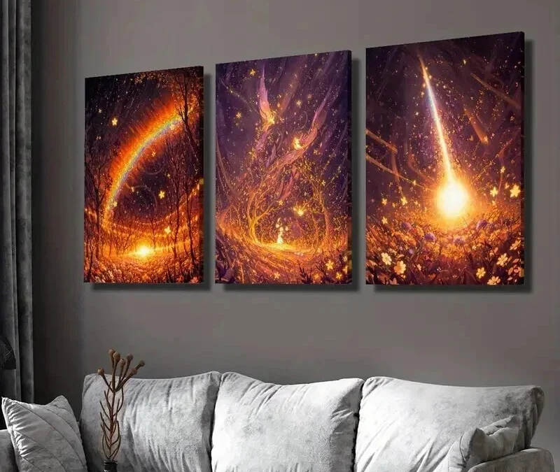 3pcs Fantasy Golden Rainbow Golden Fairy Wall Art Set Canvas Framed 40x60cm – High Quality Print 100% Australian Made Wall Canvas Ready to Hang