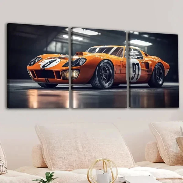 3pcs Fashion Yellow Cool Sport Car White Lights Wall Art Set Canvas Framed 50x70cm – High Quality Print 100% Australian Made Wall Canvas Ready to Hang