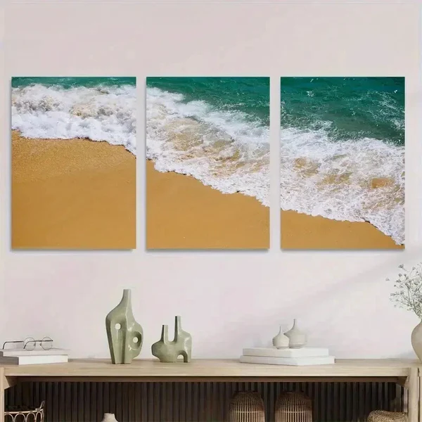3pcs Beach Wave Ocean Waves On Sandy Shoreline Wall Art Set Canvas Framed 50x70cm – High Quality Print 100% Australian Made Wall Canvas Ready to Hang