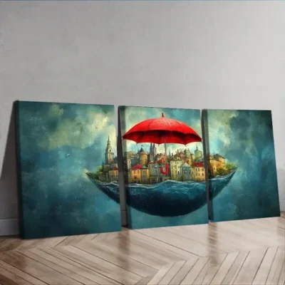 3pcs City view under a red umbrella Wall Art Set Canvas Framed 50x70cm - High Quality Print 100% Australian Made Wall Canvas Ready to Hang