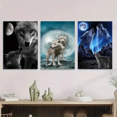 3pcs Moonlit Night Scene Stunning Wolf Wall Art Set Canvas Framed 50x70cm - High Quality Print 100% Australian Made Wall Canvas Ready to Hang