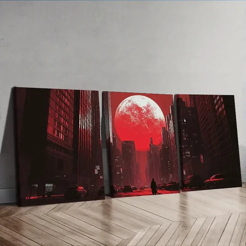 3pcs The Moon Over the City Wall Art Set Canvas Framed 40x60cm – High Quality Print 100% Australian Made Wall Canvas Ready to Hang