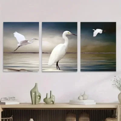 3pcs White Egret Triptych Paintings Wall Art Set Canvas Framed 50x70cm - High Quality Print 100% Australian Made Wall Canvas Ready to Hang