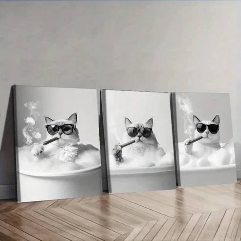 3pcs Gangster Brother Kitten Wall Art Set Canvas Framed 40x60cm – High Quality Print 100% Australian Made Wall Canvas Ready to Hang