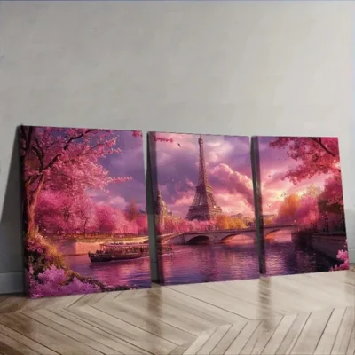 3pcs Cherry Blossoms at Eiffel Tower Wall Art Set Canvas Framed 40x60cm - High Quality Print 100% Australian Made Wall Canvas Ready to Hang