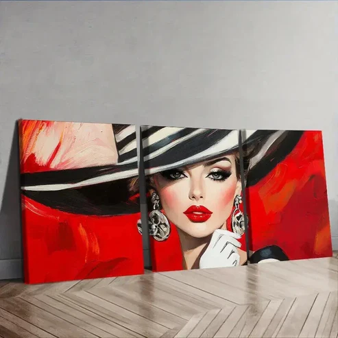 3pcs Fashionable woman in black hat Wall Art Set Canvas Framed 50x70cm – High Quality Print 100% Australian Made Wall Canvas Ready to Hang