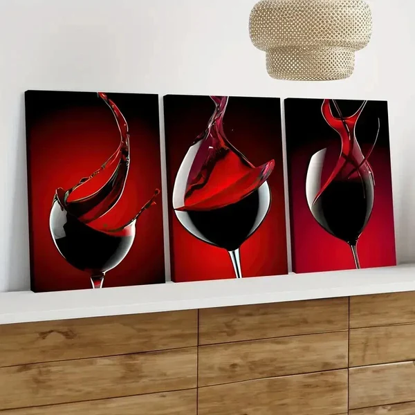 3pcs Red Wine Glass Black Stunning Red Wall Art Set Canvas Framed 50x70cm – High Quality Print 100% Australian Made Wall Canvas Ready to Hang