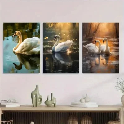 3pcs Elegant White Swans In Serene Water Wall Art Set Canvas Framed 50x70cm - High Quality Print 100% Australian Made Wall Canvas Ready to Hang