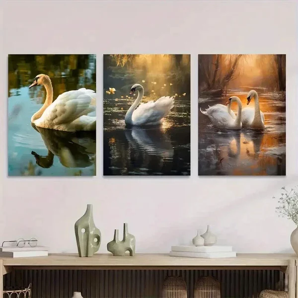 3pcs Elegant White Swans In Serene Water Wall Art Set Canvas Framed 50x70cm – High Quality Print 100% Australian Made Wall Canvas Ready to Hang