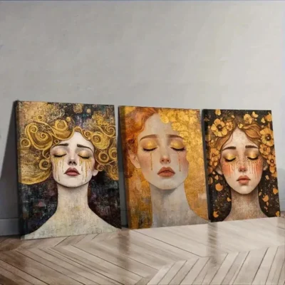 3pcs Girl in tears ( Wall Art Set Canvas Framed 50x70cm - High Quality Print 100% Australian Made Wall Canvas Ready to Hang
