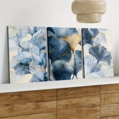 3pcs Blue Botanical Blue Leaves Abstract Wall Art Set Canvas Framed 50x70cm - High Quality Print 100% Australian Made Wall Canvas Ready to Hang