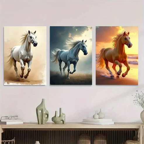 3pcs Horses Modern Pictures Blue Running Wall Art Set Canvas Framed 50x70cm – High Quality Print 100% Australian Made Wall Canvas Ready to Hang